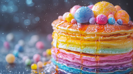 Colorful layered pancakes with sweet toppings and syrup drizzleの素材