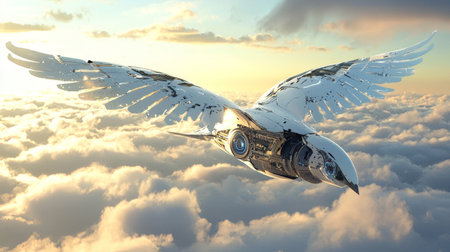 Advanced mechanical bird gliding through a golden skyの素材