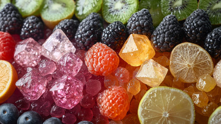 Vibrant assortment of fresh fruit and crystal candy cubesの素材