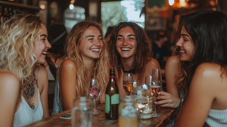 Group of women laughing and enjoying drinks at a lively pubの素材