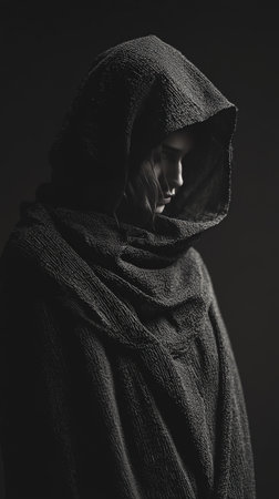 Woman in dark hooded cloak with shadowed face profileの素材
