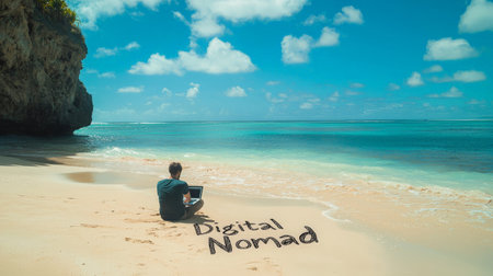 Man working as a digital nomad on a secluded beachの素材