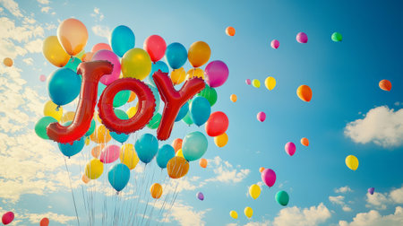 Joyful balloon display with colorful balloons rising into the skyの素材