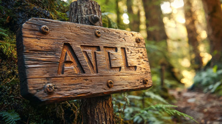 Rustic wooden sign with engraved lettering in a forest environmentの素材
