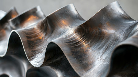 Wavy metallic artwork with smooth, reflective surfacesの素材