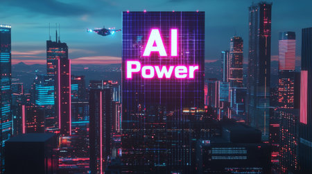 Futuristic city skyline with illuminated "AI Power" display at nightの素材