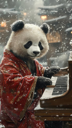 Panda in red robe playing piano in snow-filled village settingの素材