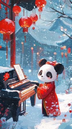 Adorable panda playing piano in a festive winter settingの素材