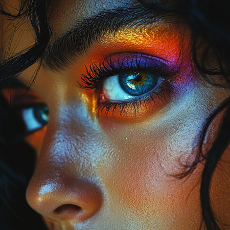 Close-up of a colorful eye with vivid makeup and glossy skinの素材