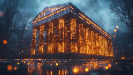 Illuminated ancient temple in a dark forest with glowing lightsの素材