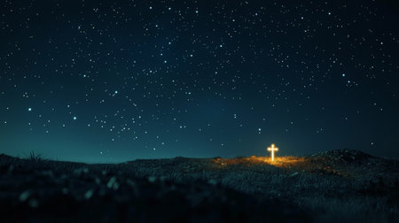 Single glowing cross in the night sky surrounded by starsの素材