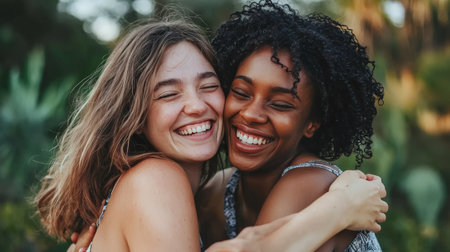 Two women joyfully embracing in a sunlit outdoor settingの素材