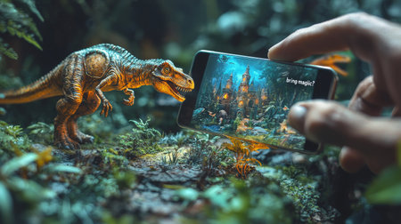 Hand holding phone displaying dinosaur in a lush forest fantasy sceneの素材