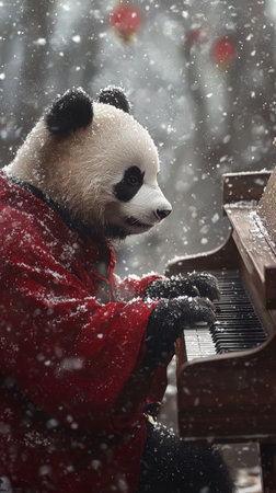 Panda in red robe playing piano during snowfall outdoorsの素材