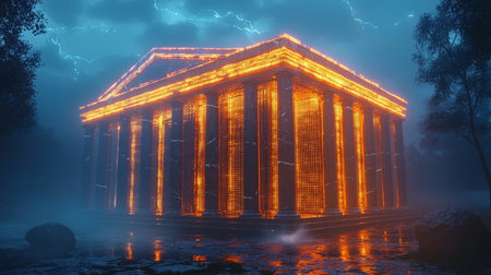 Glowing temple in a misty forest with futuristic neon lightingの素材