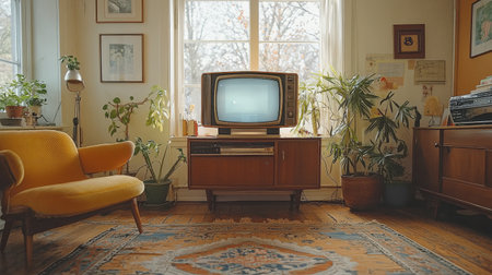 Cozy vintage living room with a retro television and mid-century furnitureの素材