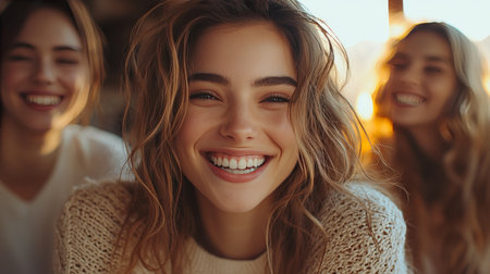 Smiling woman in a cozy setting with friends enjoying the momentの素材