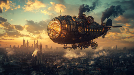Intricate steampunk airship soaring over a historical city at duskの素材