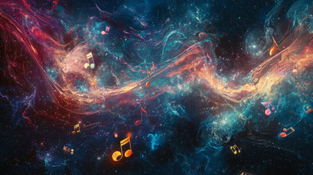 Abstract musical notes floating in colorful space nebulaの素材