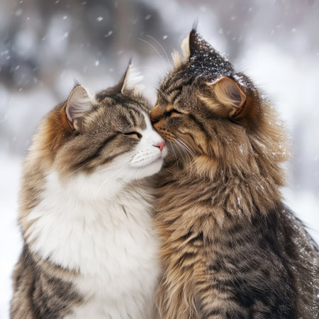 Playful moment of two fluffy cats in the snowの素材