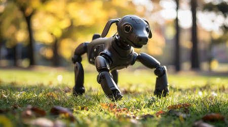 Robotic dog in a park with autumn leaves and soft sunlightの素材
