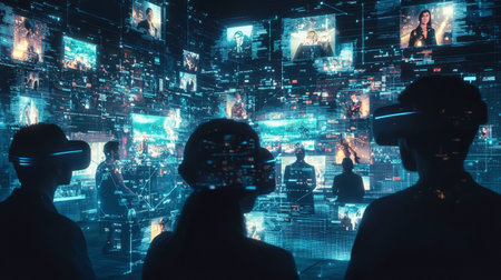 People immersed in a futuristic virtual reality environmentの素材