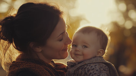 Mother holding baby at sunset in warm golden lightの素材
