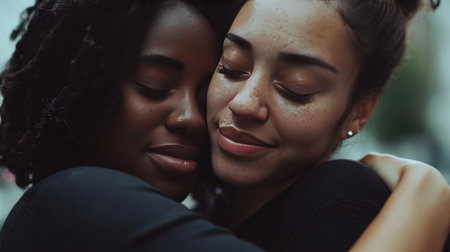 Close-up of two women hugging with contented expressions, symbolizing connectionの素材