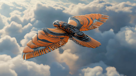 Vibrant robotic bird with orange metallic wings in flightの素材