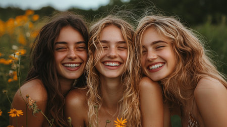 Three women laughing together outdoors in a sunflower fieldの素材