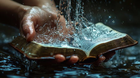 Hands holding book under splashing water in dynamic sceneの素材