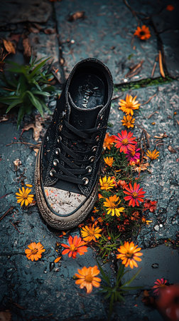 Grungy sneaker amidst vibrant wildflowers on stone pathの素材