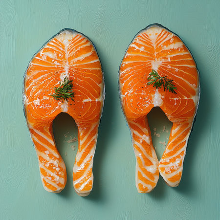 Two fresh salmon fillets with herbs on green backgroundの素材