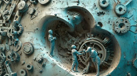 Engineers inspecting heart-shaped machinery in turquoise tonesの素材