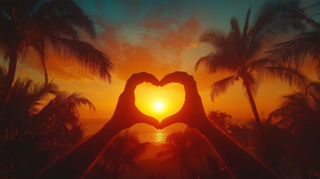 Heart-shaped hands framing tropical sunset on beachの素材