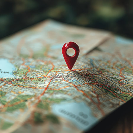 Red map pin on city map, selective focus travel conceptの素材