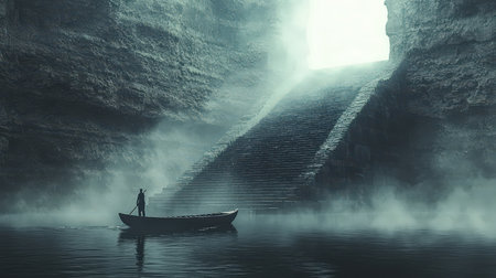 Lone rowboat in foggy cavern with staircase to lightの素材