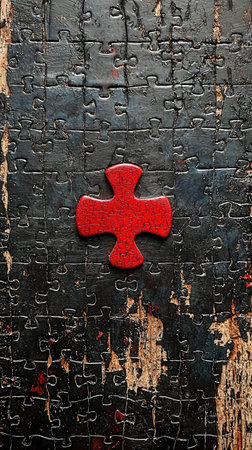 Red puzzle piece on worn wooden jigsaw puzzle backgroundの素材