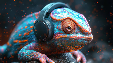Side profile of a chameleon wearing headphones with colorful scalesの素材