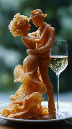 Intricate pasta sculptures of a couple dancing with wineの素材