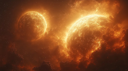 Twin blazing planets in a fiery cosmic sceneの素材