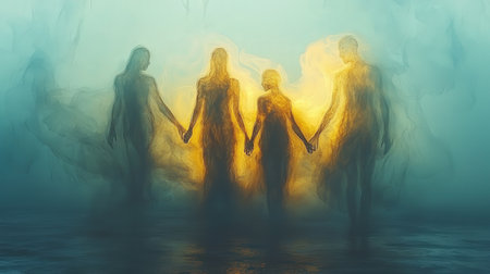 Ethereal silhouettes holding hands in glowing mistの素材