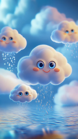 Smiling clouds with raindrops over tranquil water sceneの素材