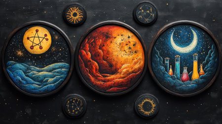 Celestial-themed triptych with sun, moon, and stars illustrationの素材