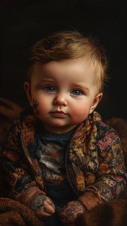 Portrait of a baby with tattooed skin in artistic lightの素材