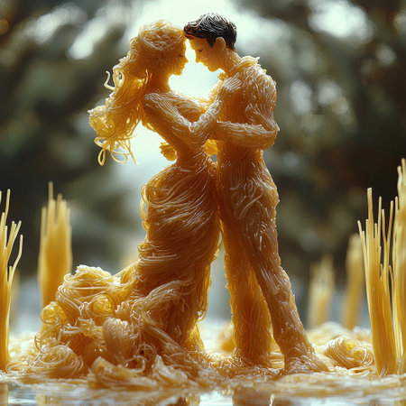 Romantic pasta couple sculpture with glowing sunlightの素材