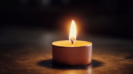 Lit candle with gentle flame in dark ambianceの素材