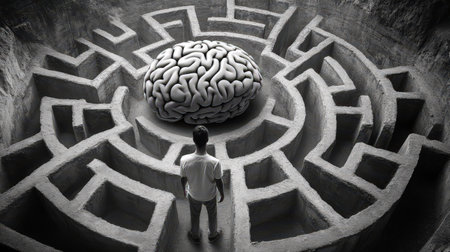 Person in maze facing a giant human brain sculptureの素材