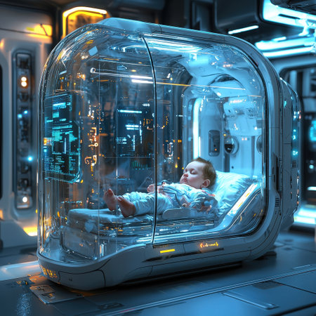 Futuristic incubator with baby in advanced medical podの素材