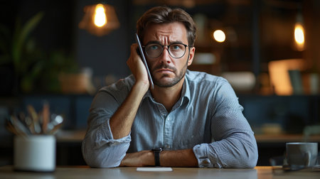 Thoughtful young man with smartphone in cozy modern office spaceの素材